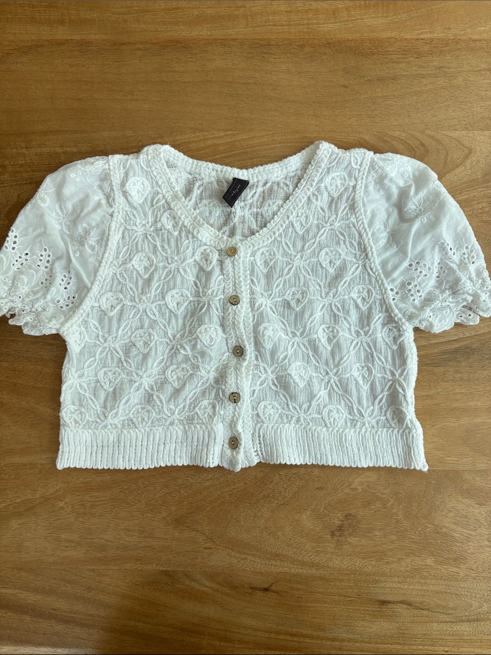 White Cropped Knit Button-Up Top